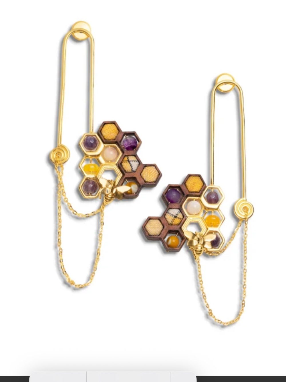 Gold Honeycomb Drop Earrings with Purple and Yellow Gem Accents 18K plat